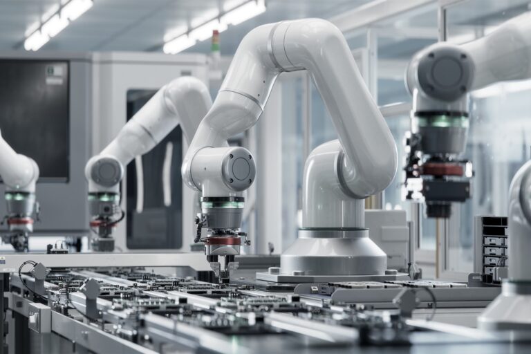 Robotic arms operate on an automated assembly line in a factory setting, handling and assembling electronic components with precision. The environment appears clean and technologically advanced.