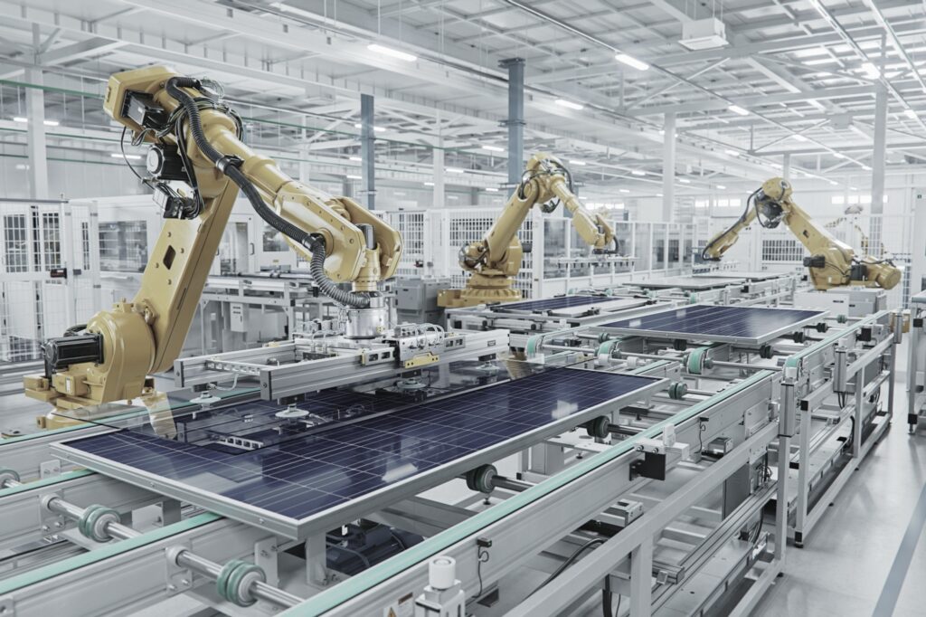 Robotic arms assemble solar panels on a production line inside a modern factory, with bright overhead lighting and metal framework visible throughout the space.