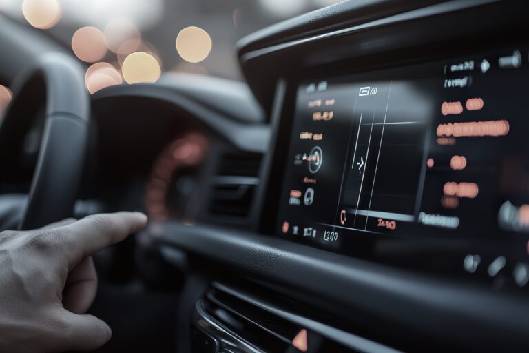 A person’s hand points at the touchscreen navigation system on a car dashboard. The screen displays a map and various controls, whilst the background is out of focus with visible dashboard dials and city lights.