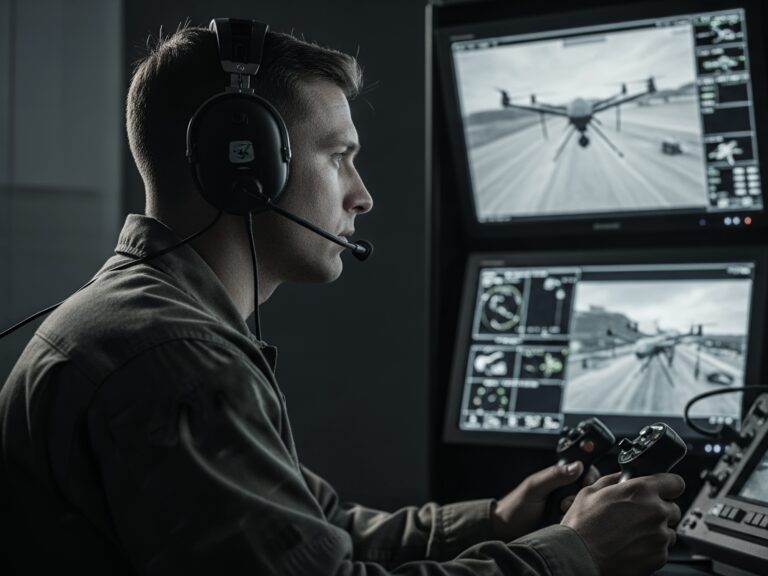 A person wearing a headset operates a drone using controls while looking at two monitors displaying aerial footage and technical data in a dimly lit room.