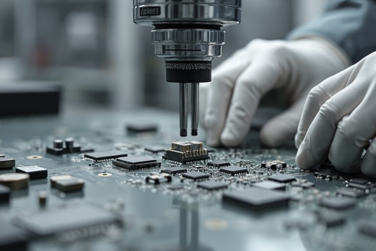 A close-up view of gloved hands using precision machinery to place components onto a circuit board in an electronics manufacturing setting.
