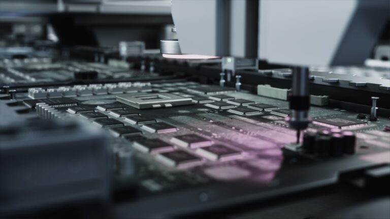 Close-up view of an automated machine assembling electronic components on a circuit board in a high-tech manufacturing facility.