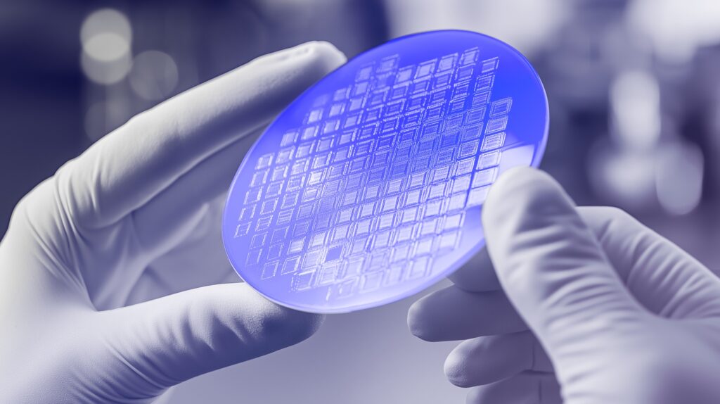 A pair of gloved hands holds a circular, transparent petri dish with a grid pattern on its surface, set against a blurred laboratory background.