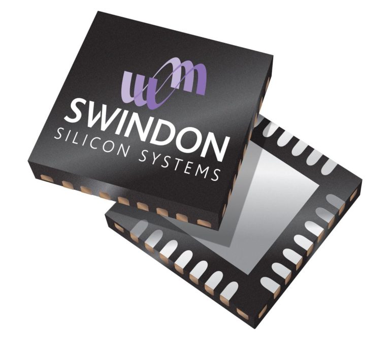 A black integrated circuit chip partly open to show its interior. The top part displays a purple and white logo and the text SWINDON SILICON SYSTEMS in white capital letters.